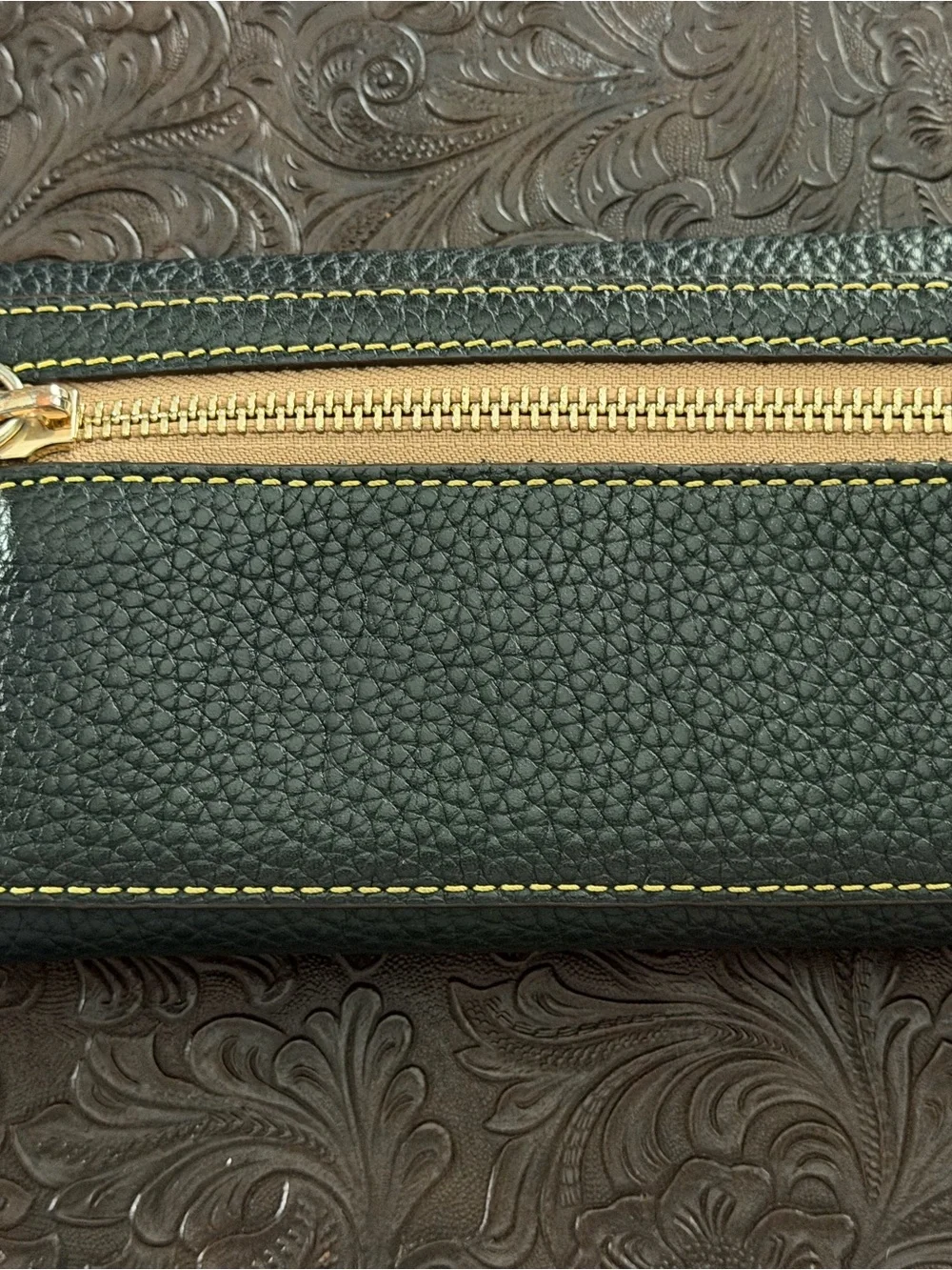 Dooney & Bourke Black Pebbled Leather Wallet with Brown Trim Patch